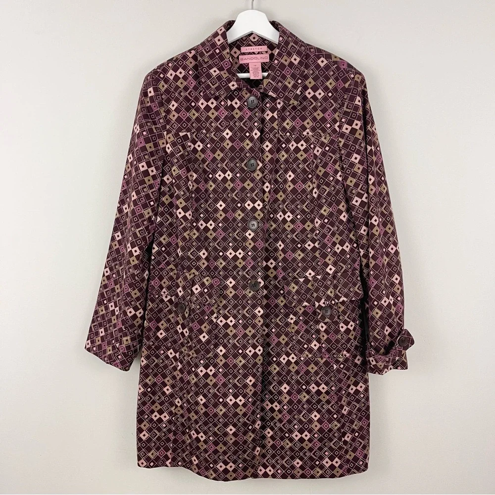 Bandolino Stretch Cotton Trench Brown Pink Geometric Square Print Jacket